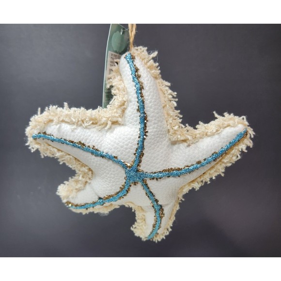 Starfish Ornament Hanging White Faux Leather Blue 6 in Ocean Theme Christmas - Picture 5 of 6